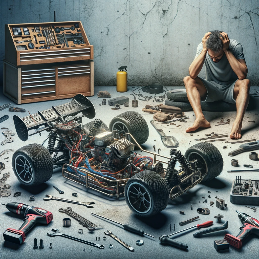 A picture of a man stressed out because his RC Car is broken